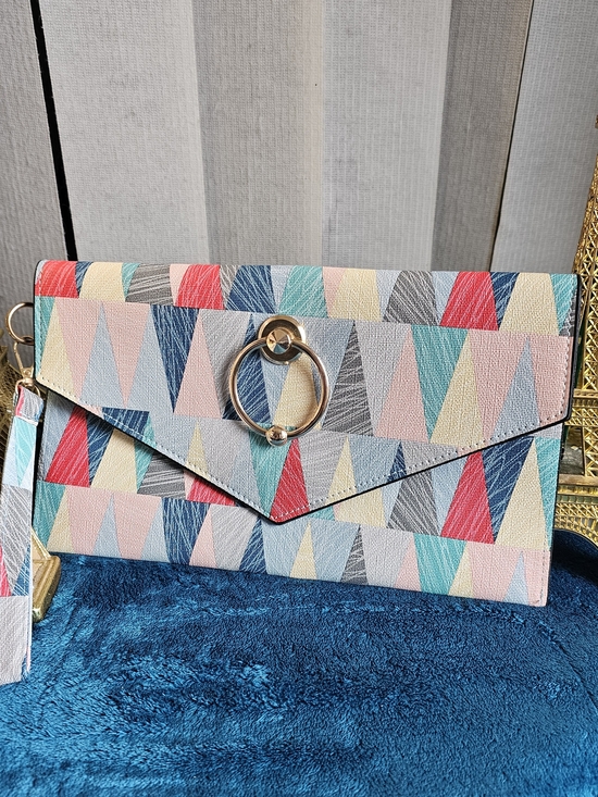 Handbags - Multicolor Geometric Envelope Clutch Bag with Gold Ring Accent